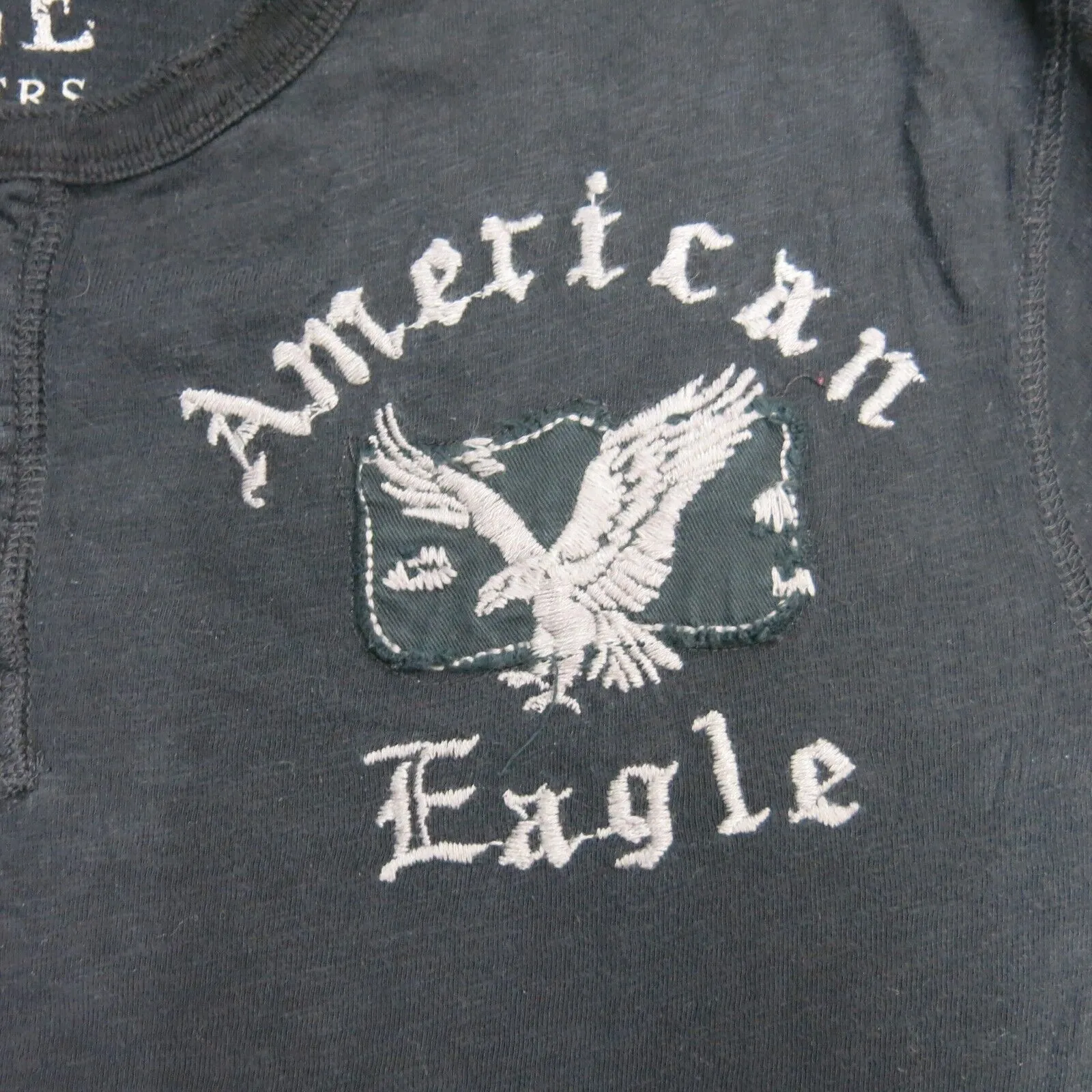 American Eagle Mens Henley Neck T Shirt Long Sleeve Embroidered Logo Black SZ XL