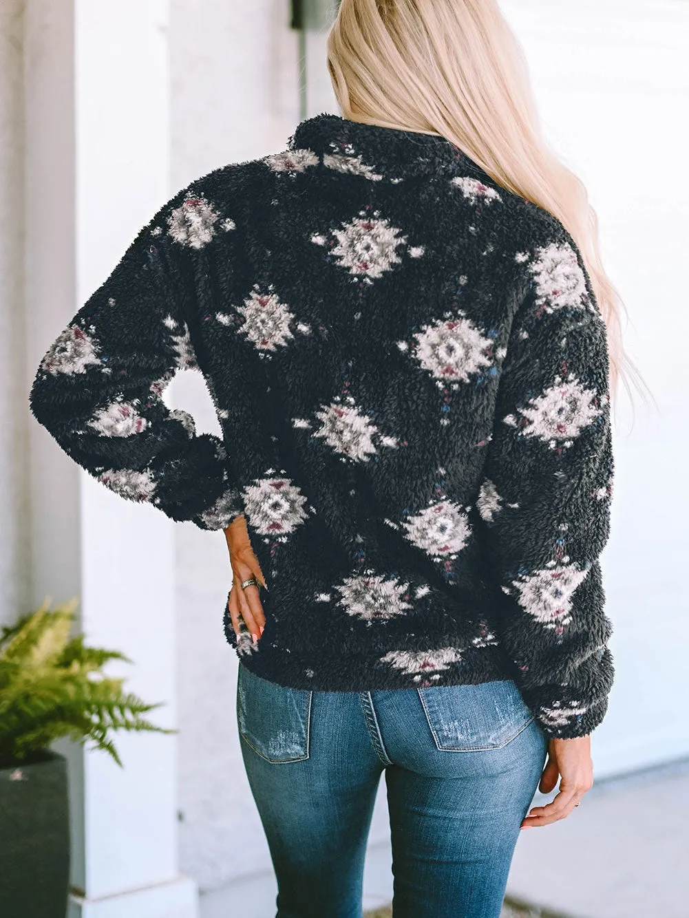 Black Sherpa Jacket, Aztec Floral