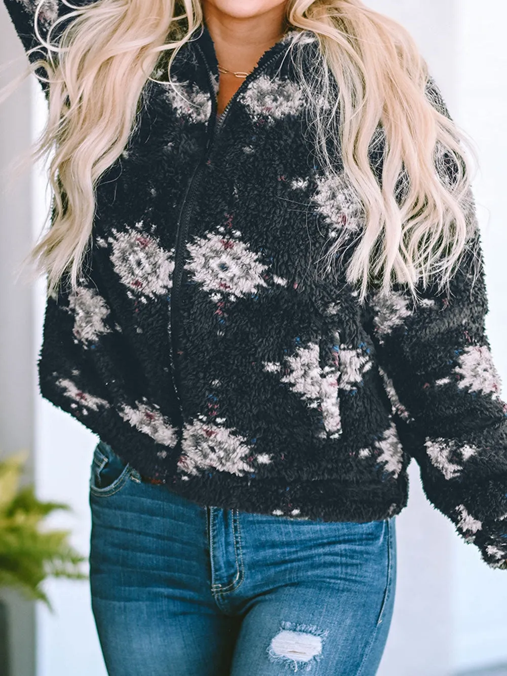 Black Sherpa Jacket, Aztec Floral