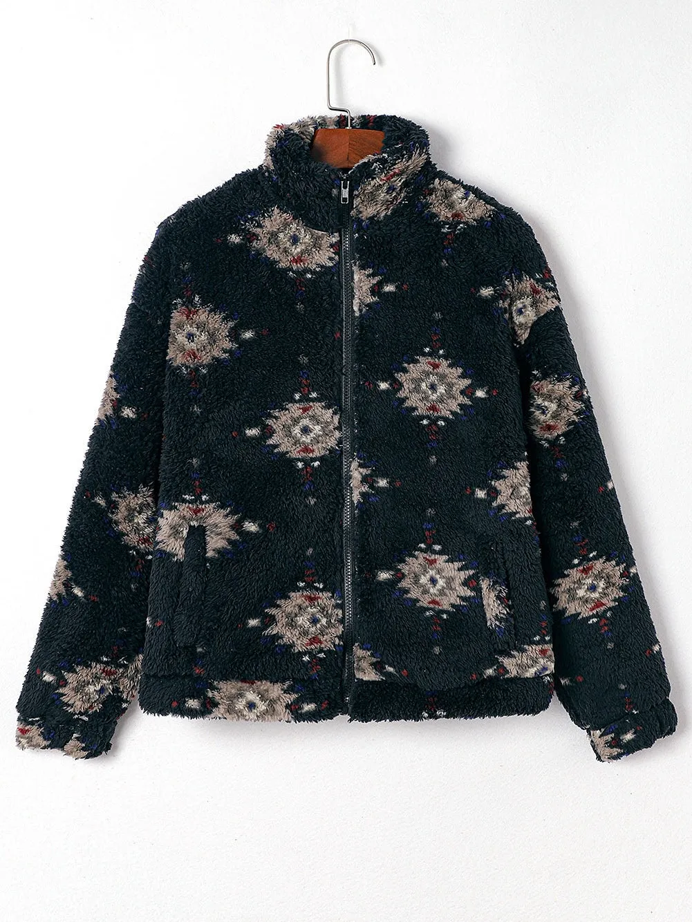 Black Sherpa Jacket, Aztec Floral