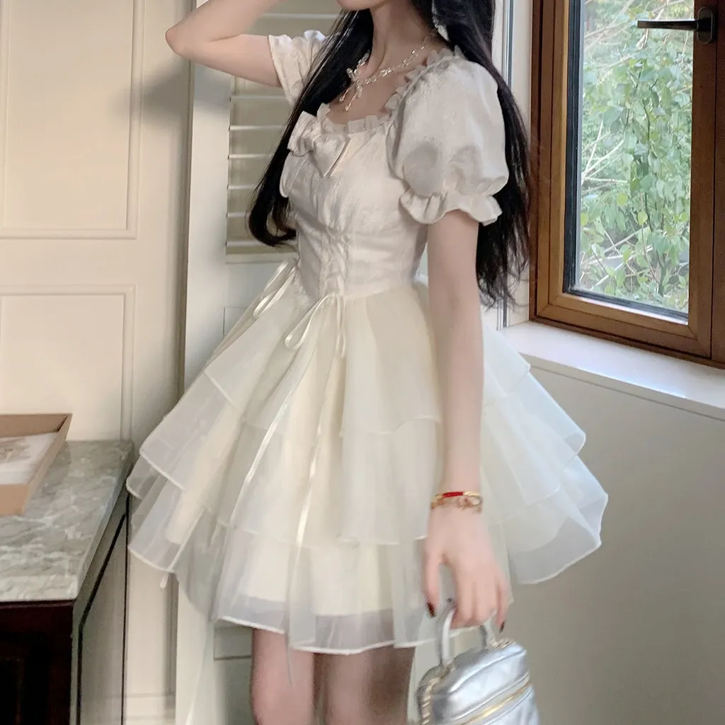 Bow Square Neck Short Sleeve Ruffled Puffy Dress