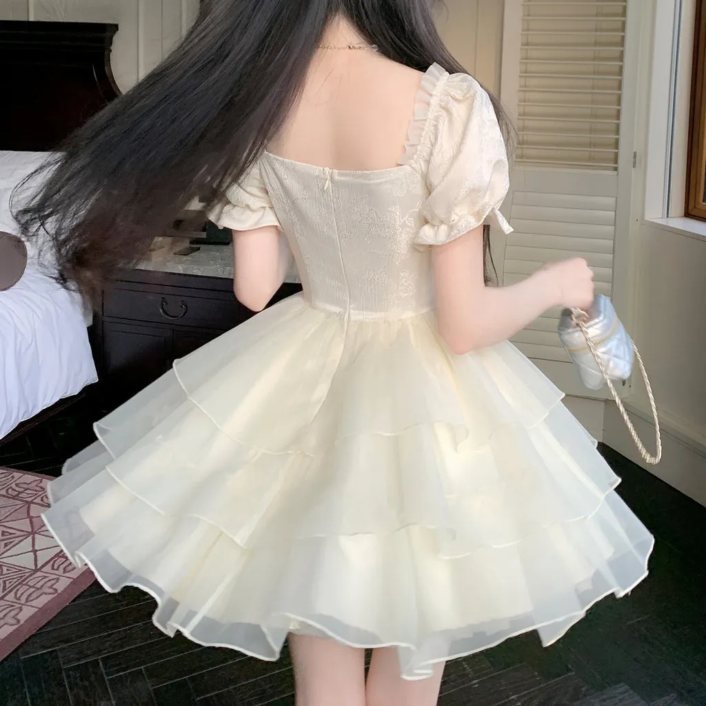 Bow Square Neck Short Sleeve Ruffled Puffy Dress