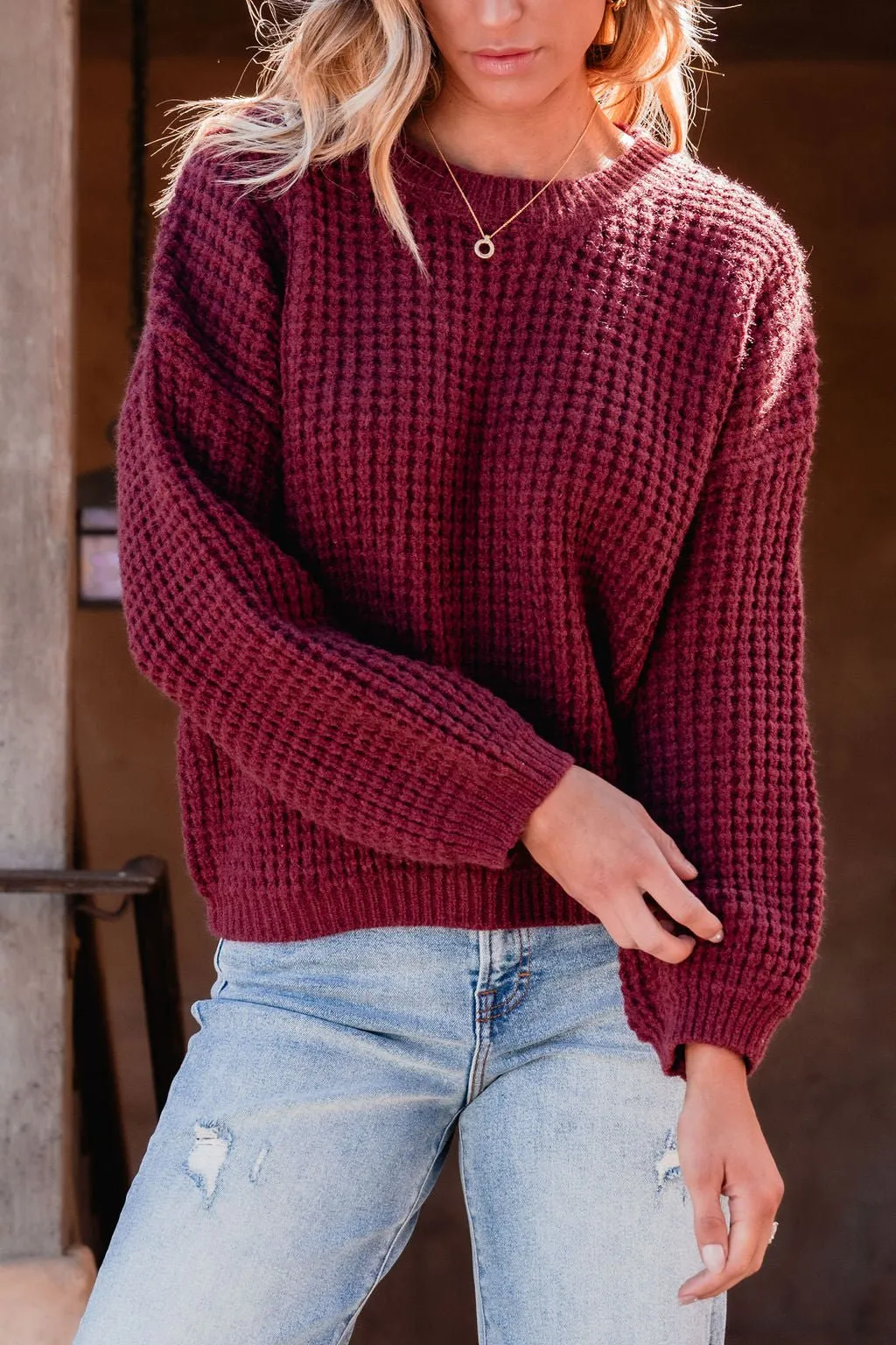 Burgundy Ribbed Waffle Knit Sweater