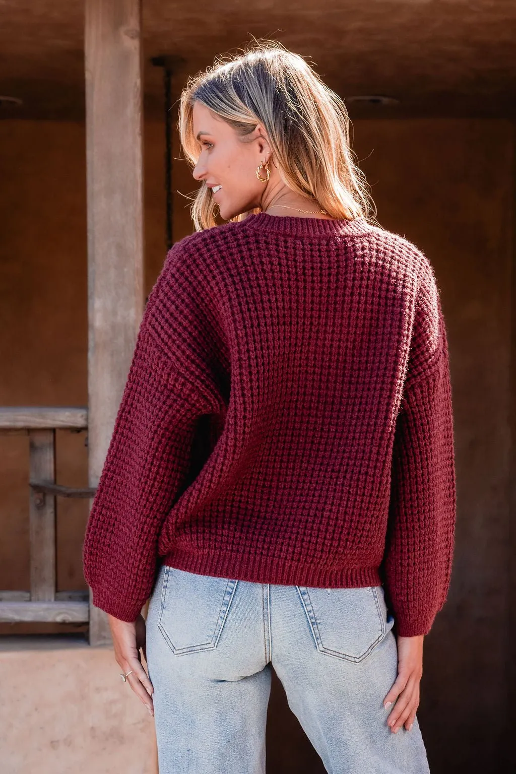 Burgundy Ribbed Waffle Knit Sweater