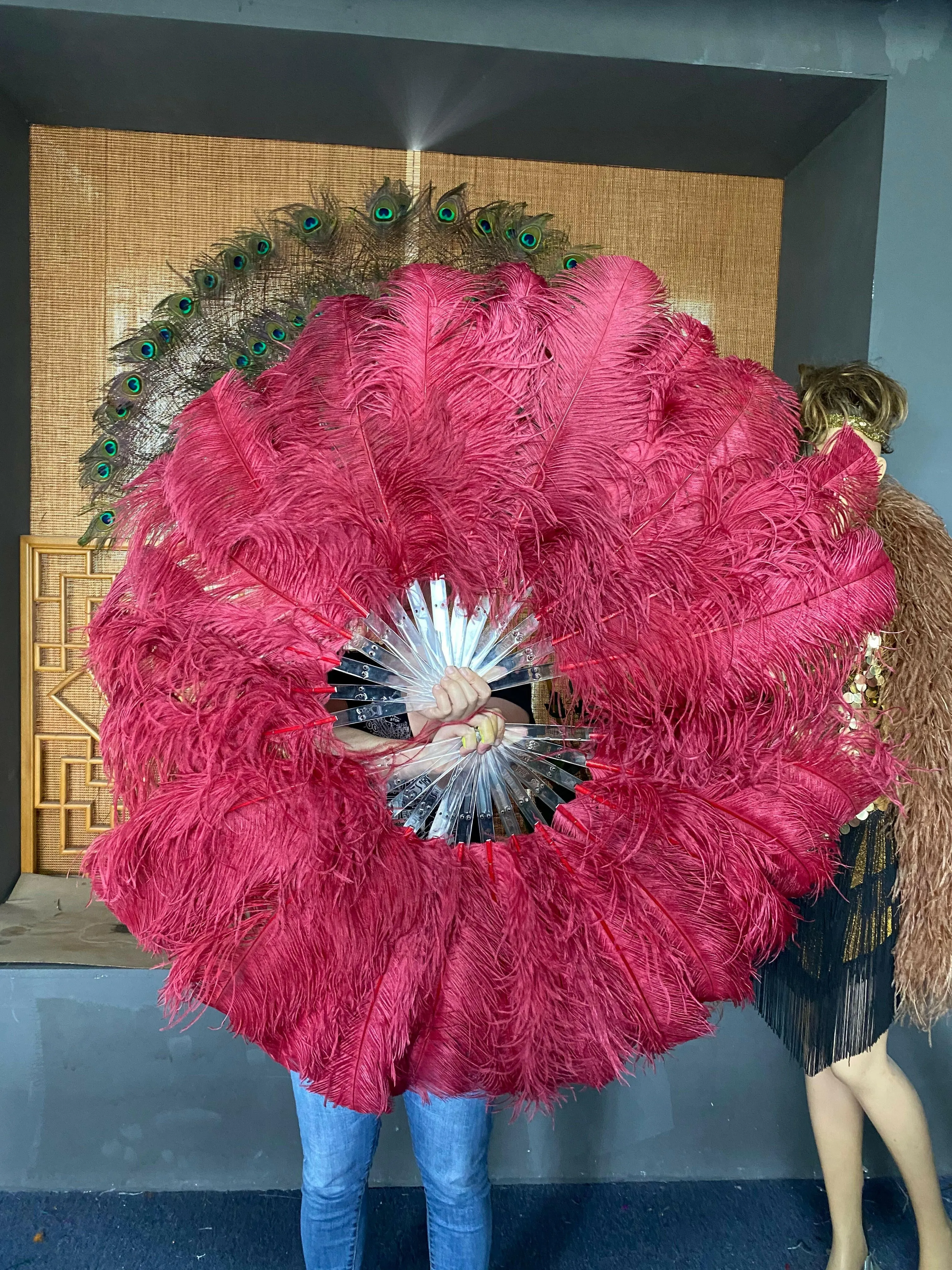 Burgundy single layer Ostrich Feather Fan Full open 180 degree 25"x 50"