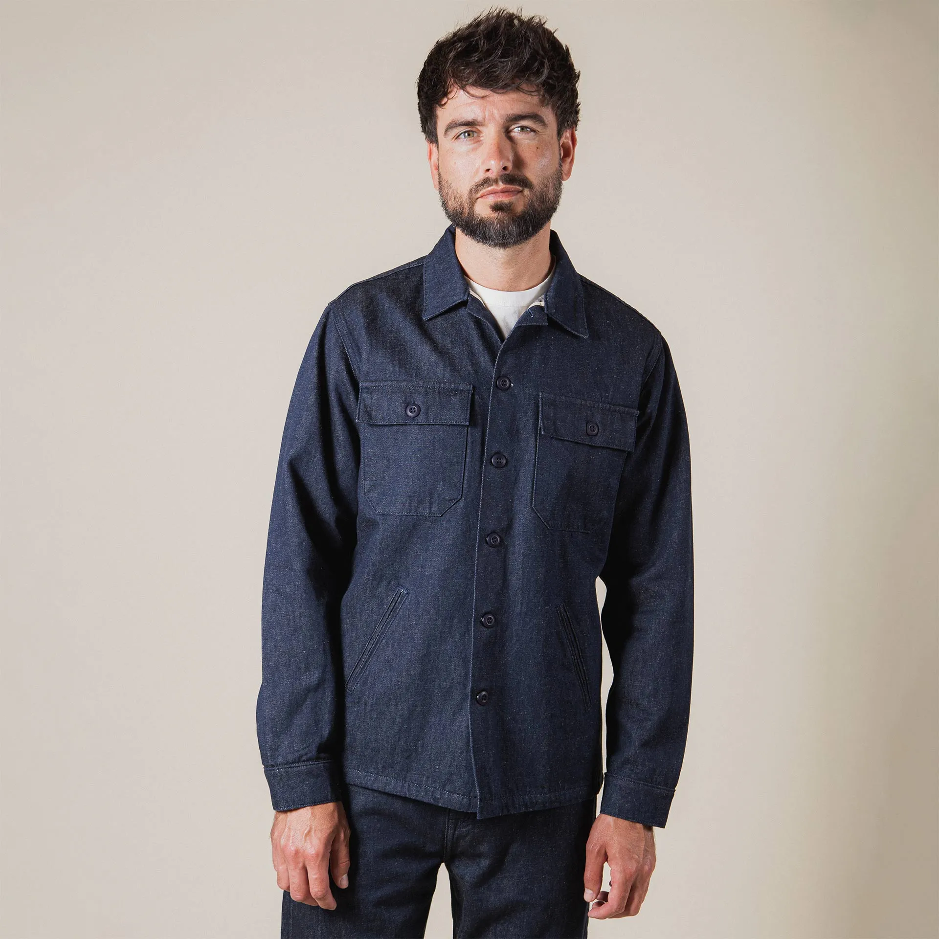 BWS-03 MILITARY OVERSHIRT 11.5 oz. stay-blue hemp selvedge [C/O]