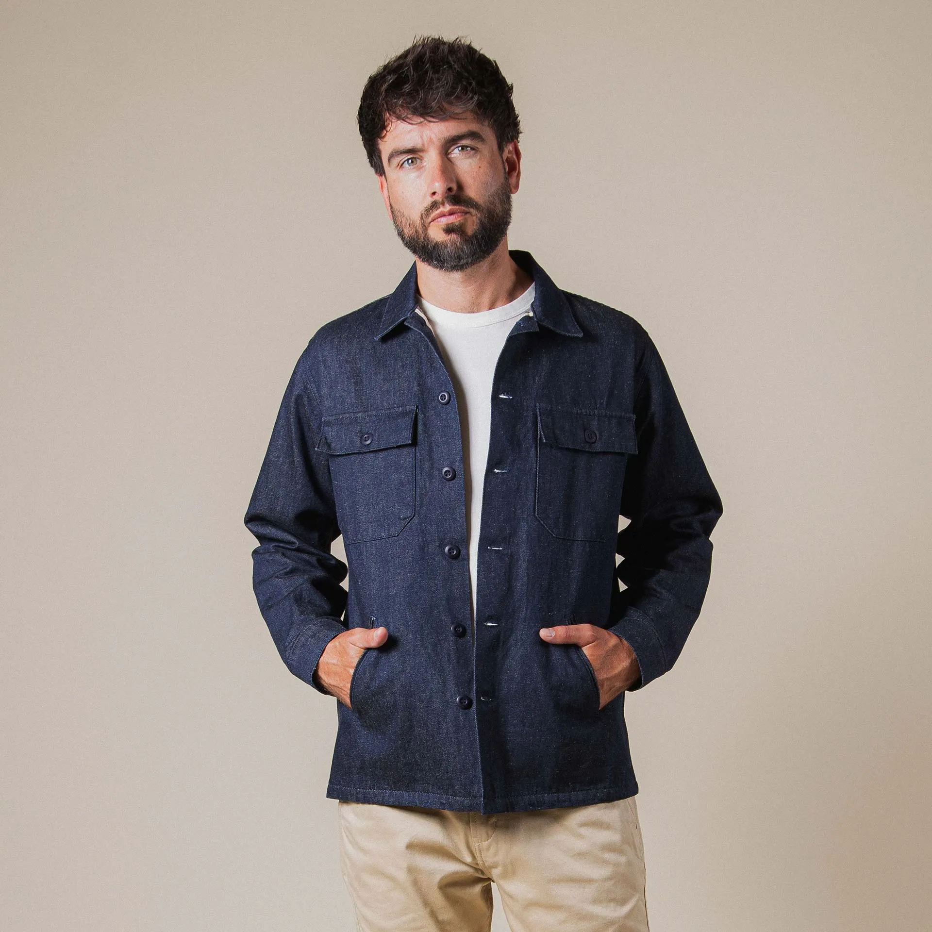 BWS-03 MILITARY OVERSHIRT 11.5 oz. stay-blue hemp selvedge [C/O]