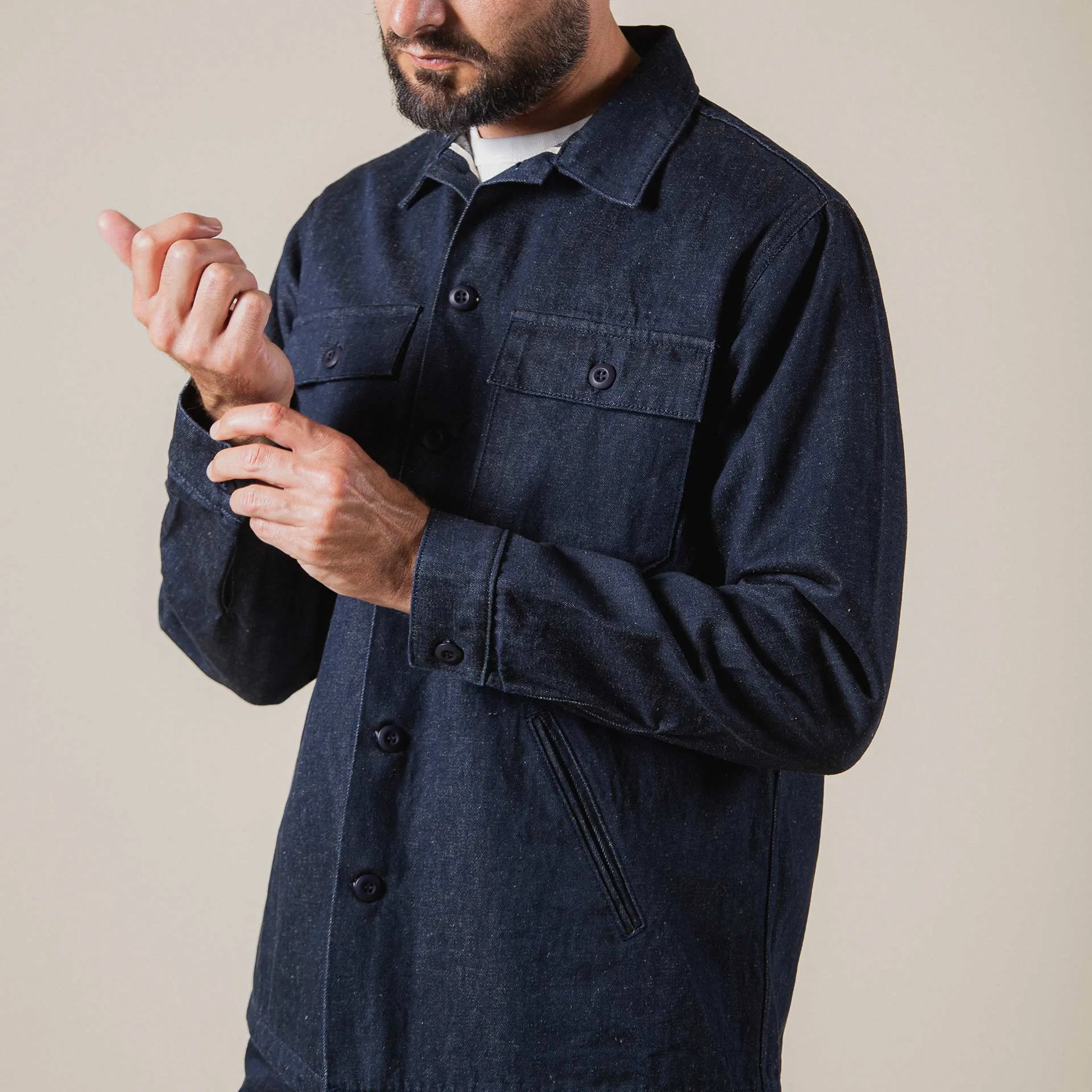 BWS-03 MILITARY OVERSHIRT 11.5 oz. stay-blue hemp selvedge [C/O]