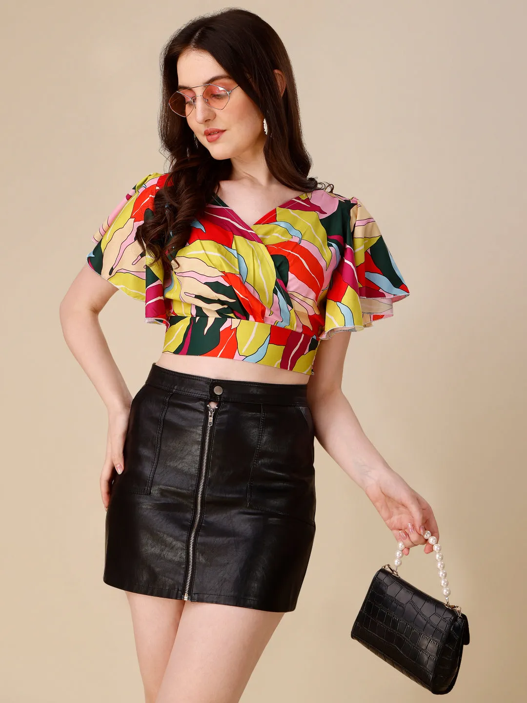 Casual Flared Sleeves Printed Women Multicolor Top