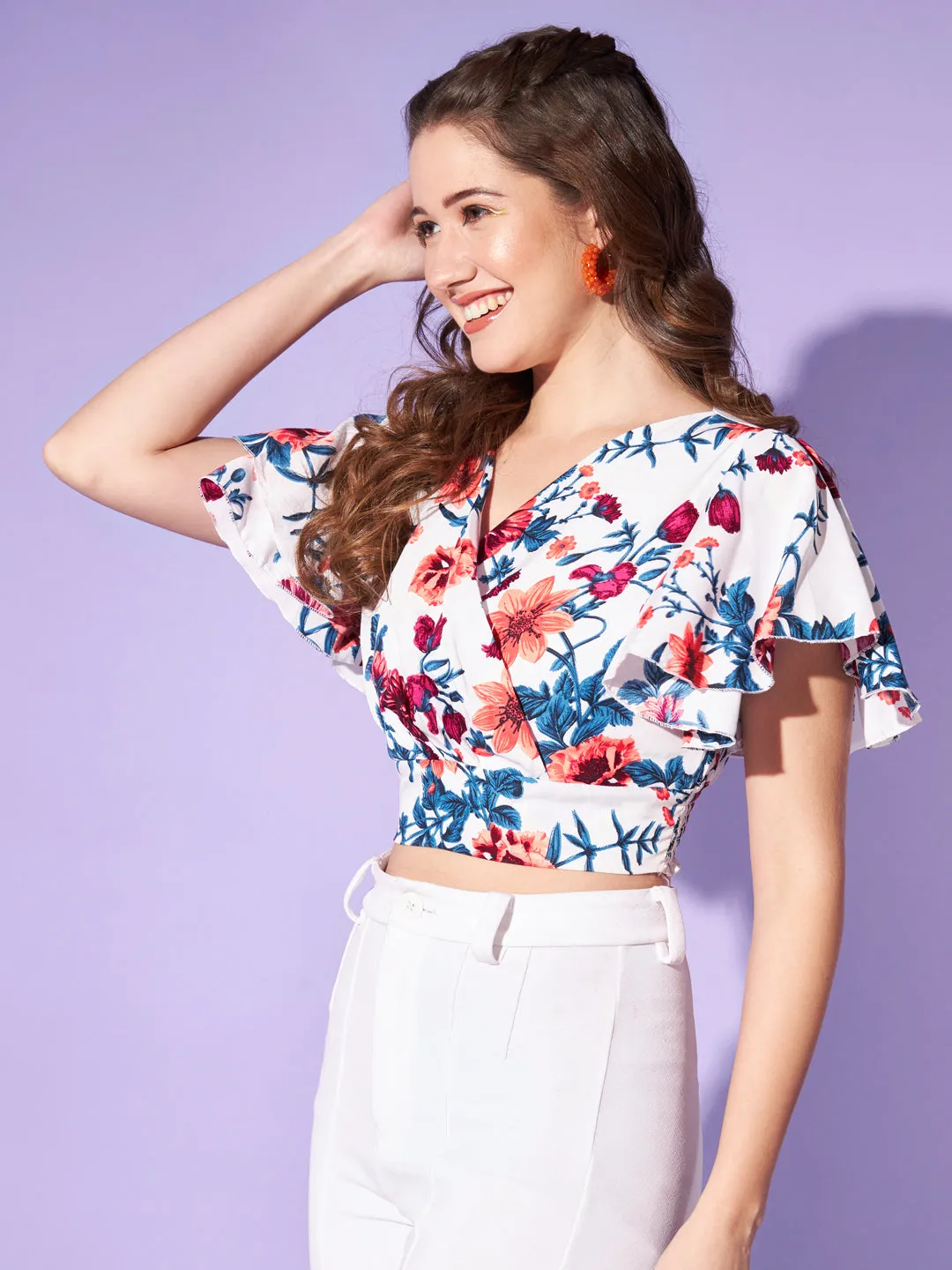 Casual Flared Sleeves Printed Women Multicolor Top