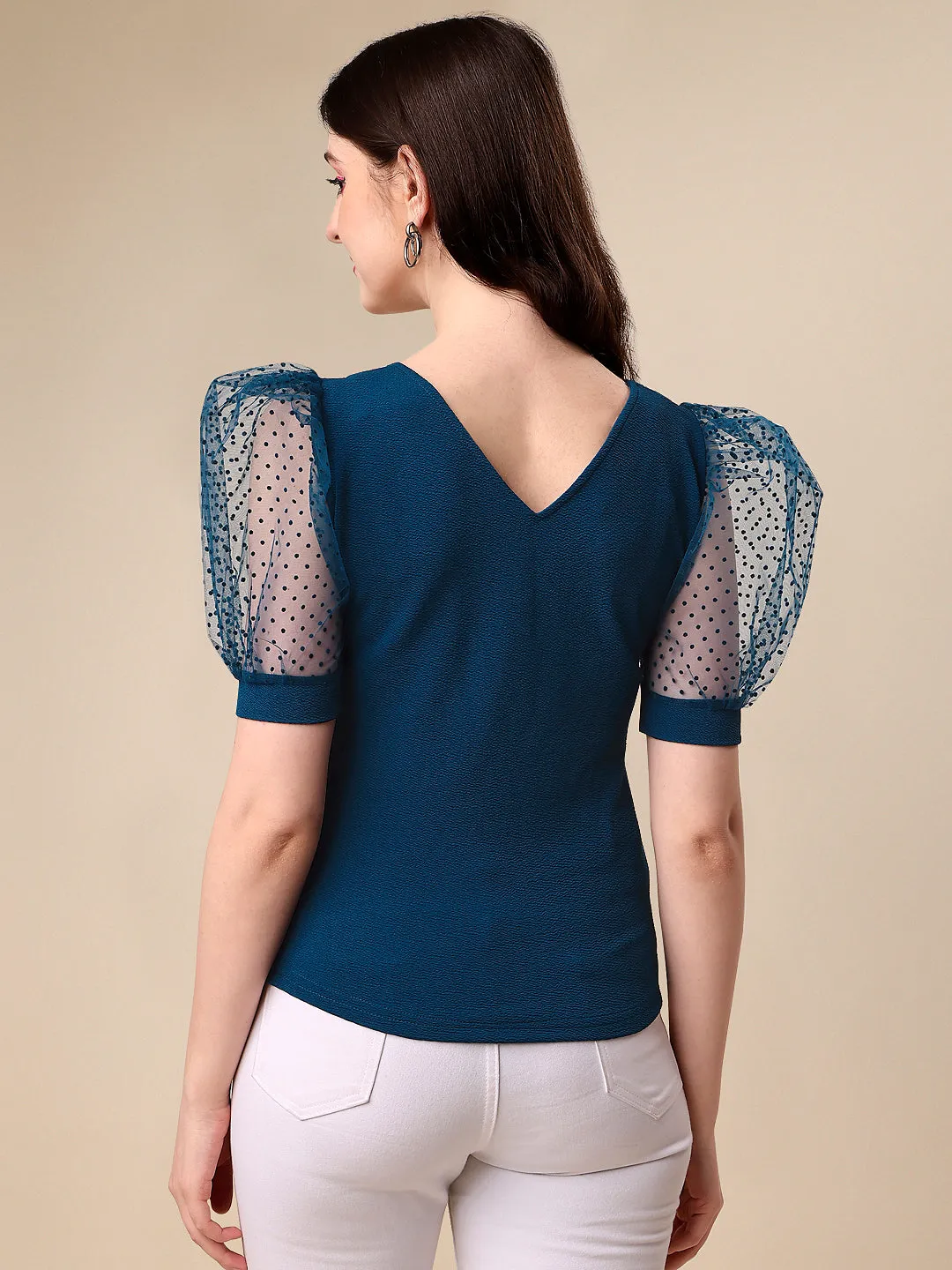 Casual Puff Sleeves Solid Sweetheart Neck Women Dark Blue Top