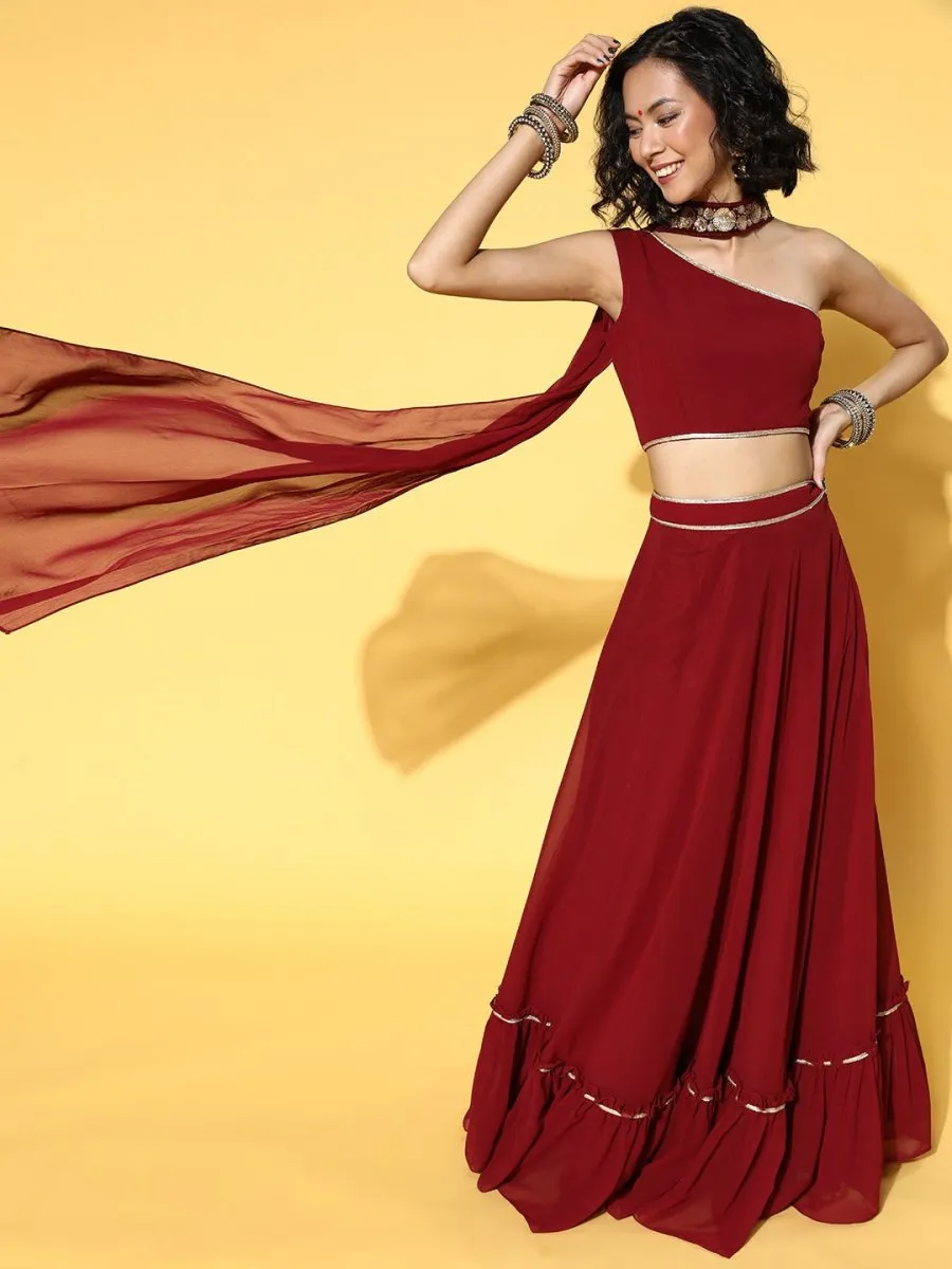 Charming Maroon Solid Semi-Stitched Lehenga Choli with Dupatta