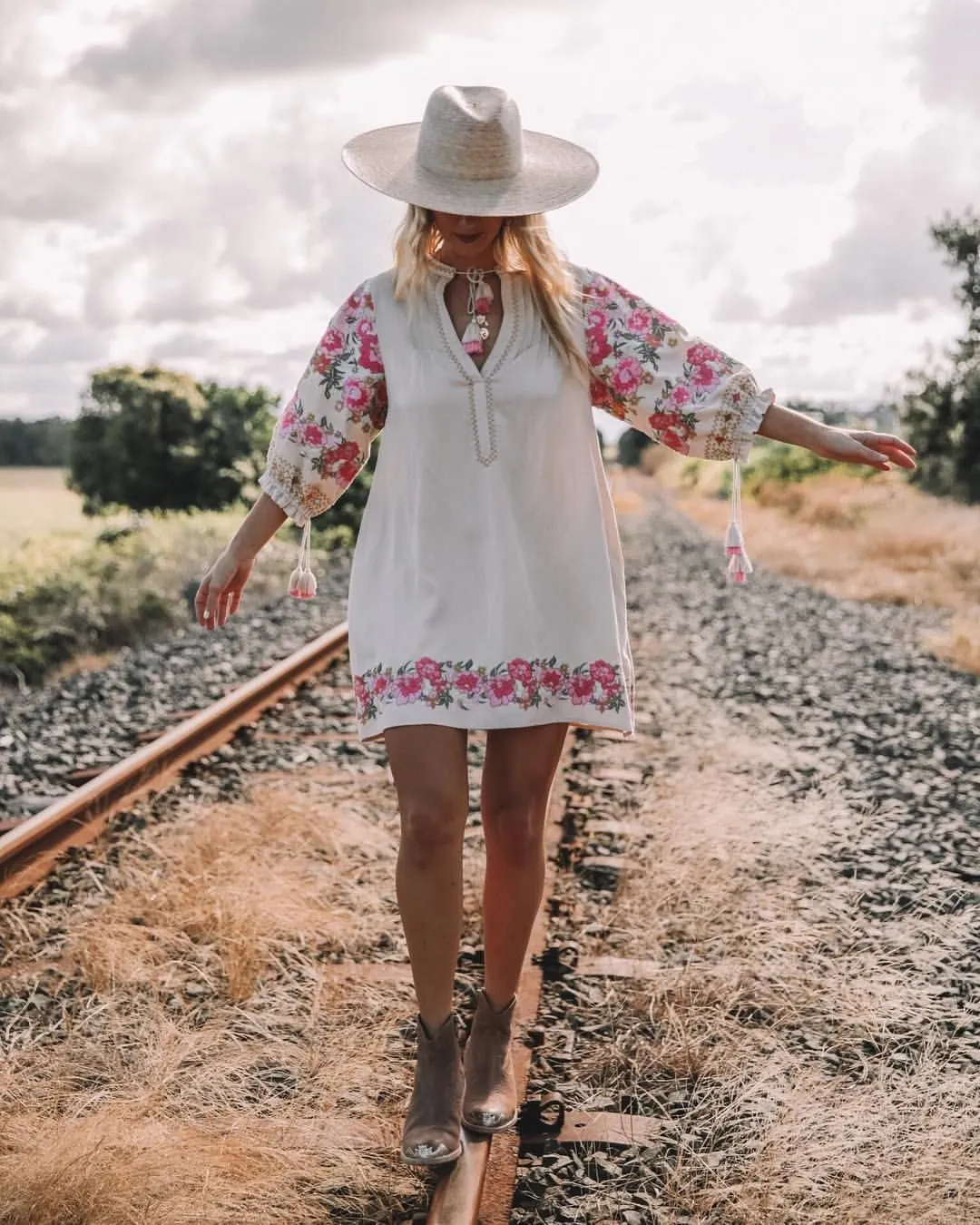 Cleo Embroidered Tunic Dress Boho Ivory With Pink Floral Embroidery Hem Lantern Sleeves Tassel Ties Small Medium Or Large