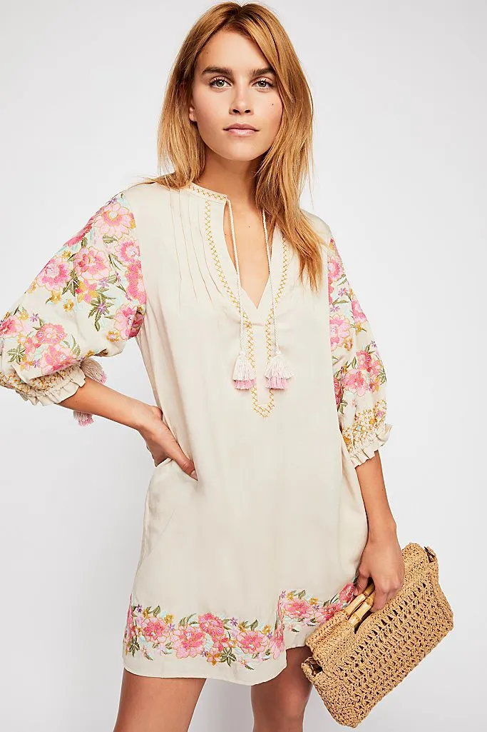 Cleo Embroidered Tunic Dress Boho Ivory With Pink Floral Embroidery Hem Lantern Sleeves Tassel Ties Small Medium Or Large