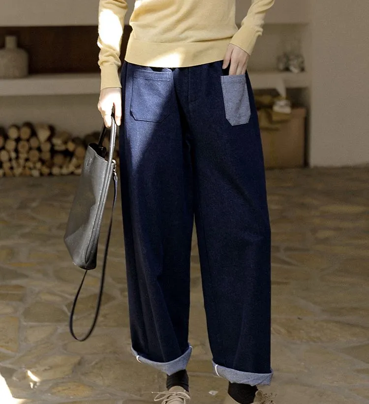 Cotton Wide Leg Jeans , Loose Denim Pants, Blue Wide Leg Trousers