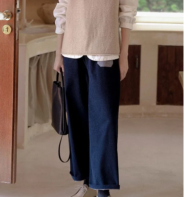 Cotton Wide Leg Jeans , Loose Denim Pants, Blue Wide Leg Trousers