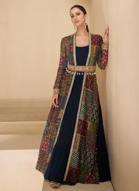 Dark Blue Multicoloured Embroidered Jacket Style Anarkali Gown