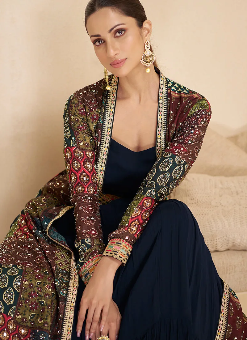 Dark Blue Multicoloured Embroidered Jacket Style Anarkali Gown