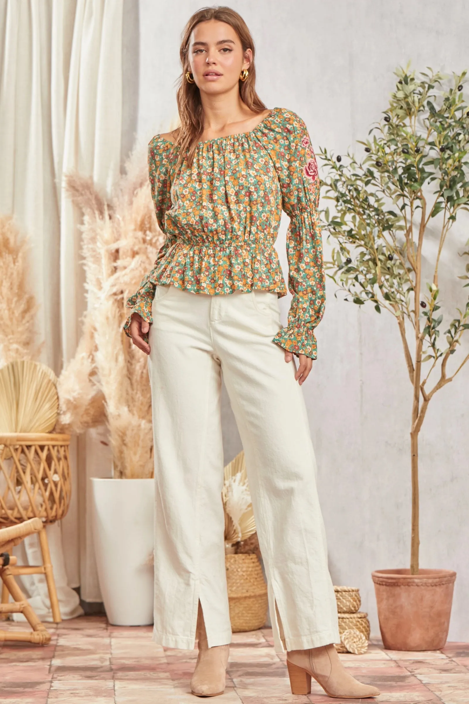 Floral Print with Embroidery Top #285