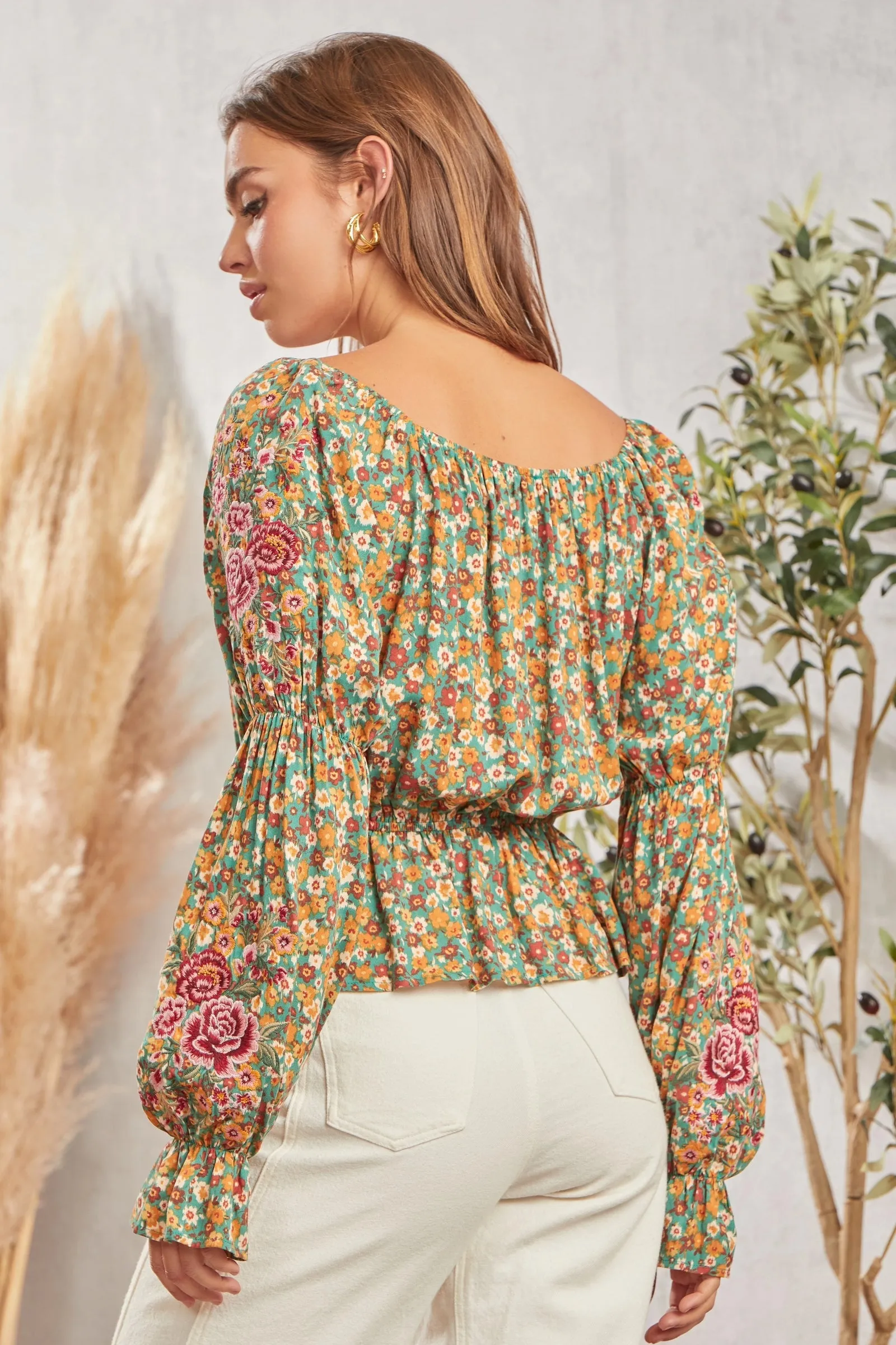 Floral Print with Embroidery Top #285