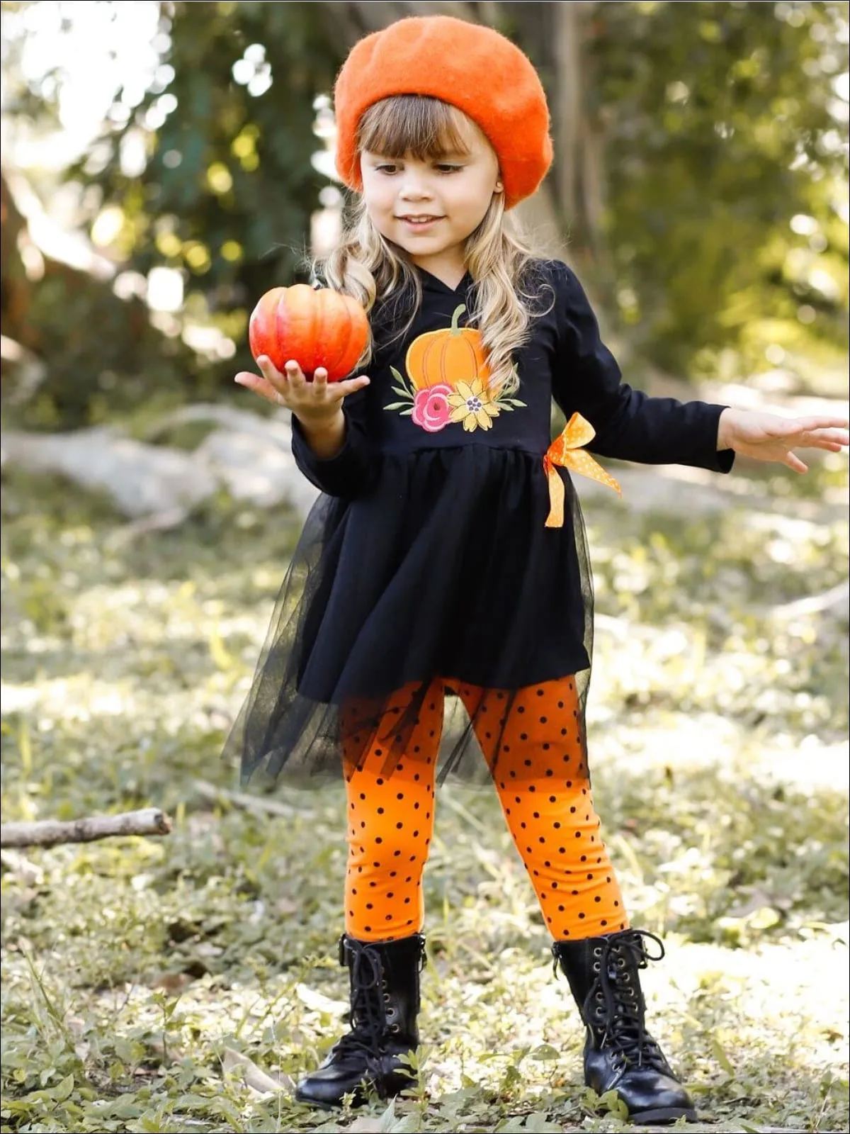 Girls Floral Pumpkin Peplum Tutu Hoodie with Bow And Polka Dot Legging Set