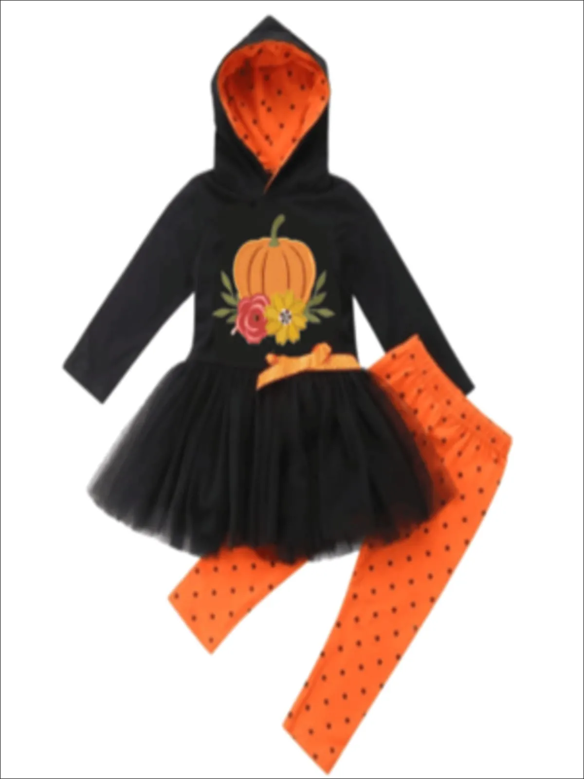 Girls Floral Pumpkin Peplum Tutu Hoodie with Bow And Polka Dot Legging Set