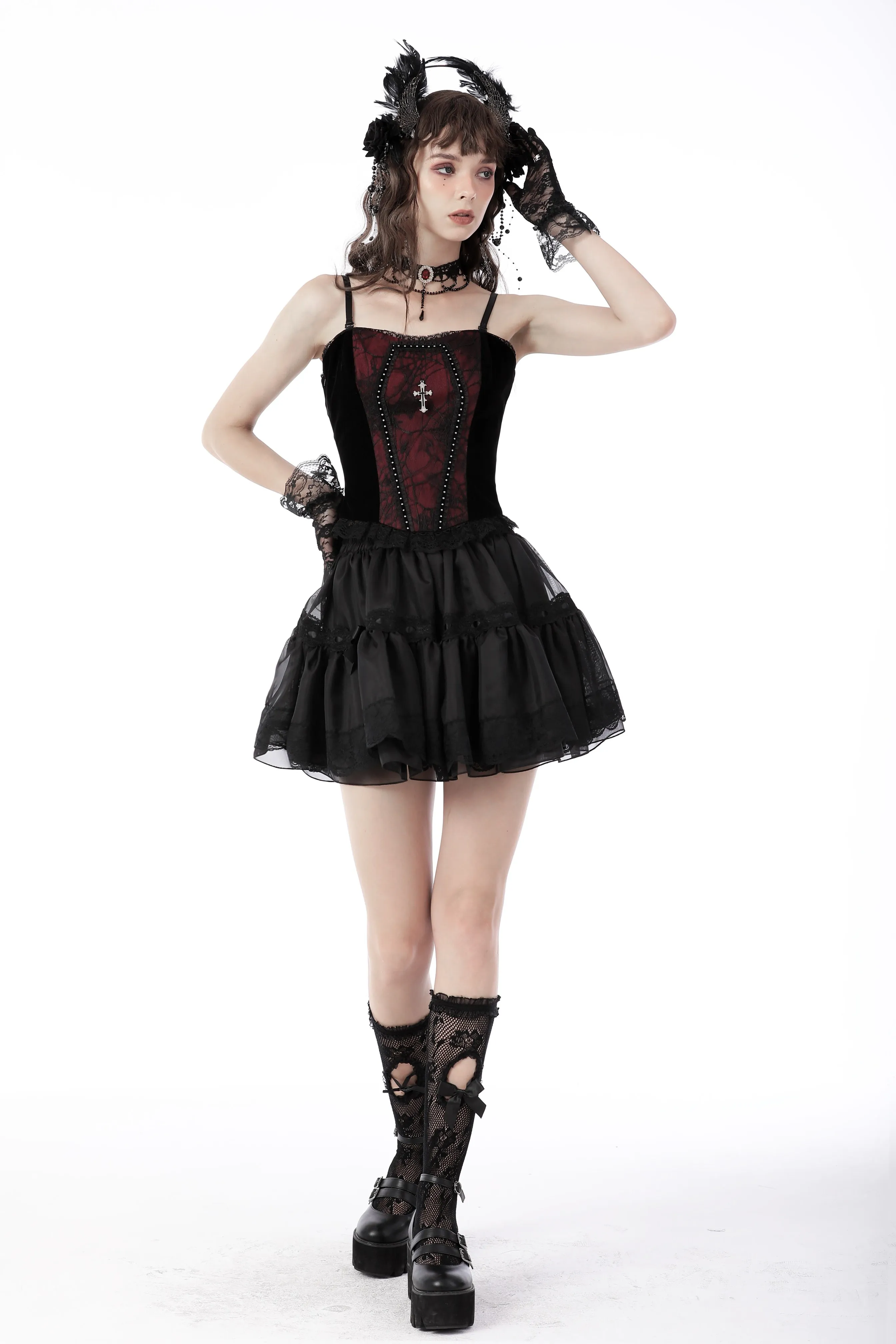 Gothic funeral dark red dead cross strap top CW037