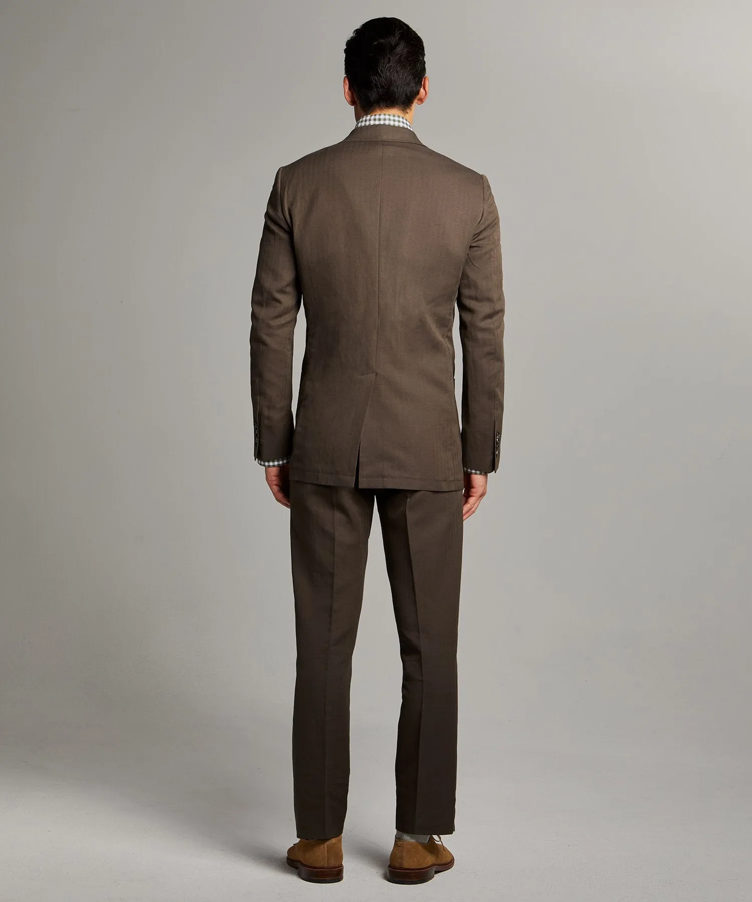 Herringbone Linen Sack Suit in Brown