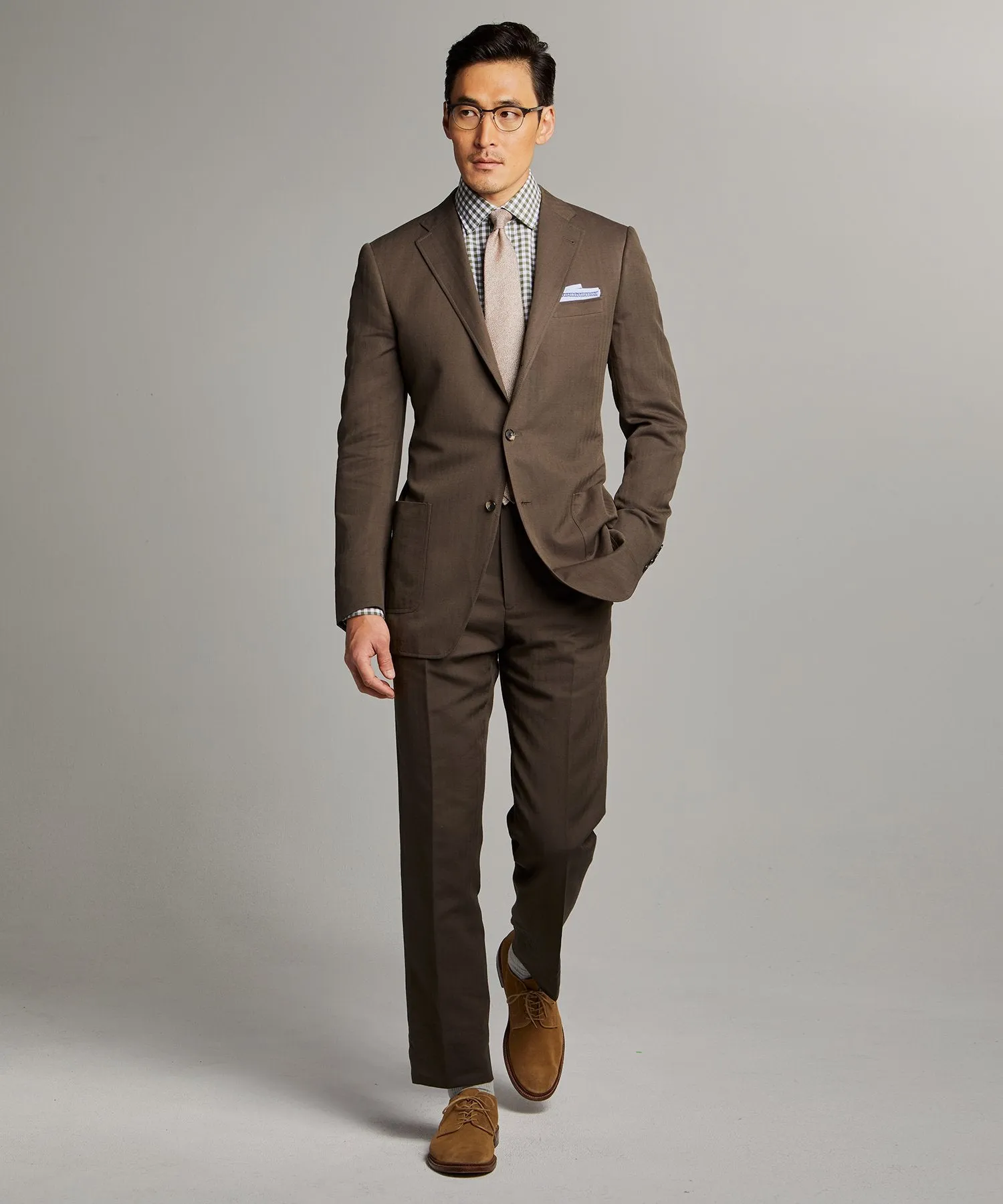 Herringbone Linen Sack Suit in Brown