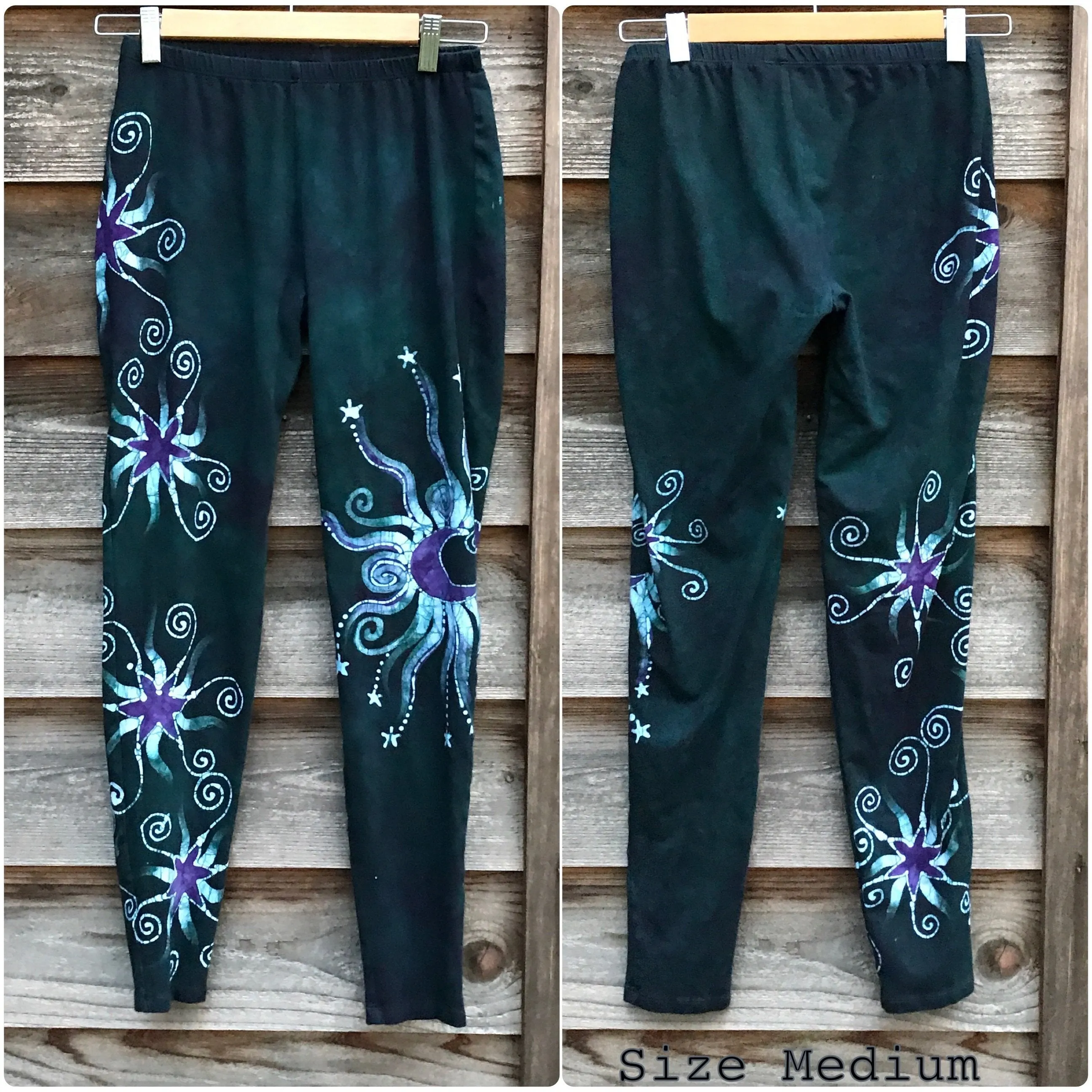 Imperfection - Dark Teal and Purple Stars Batikwalla Leggings - Size Large