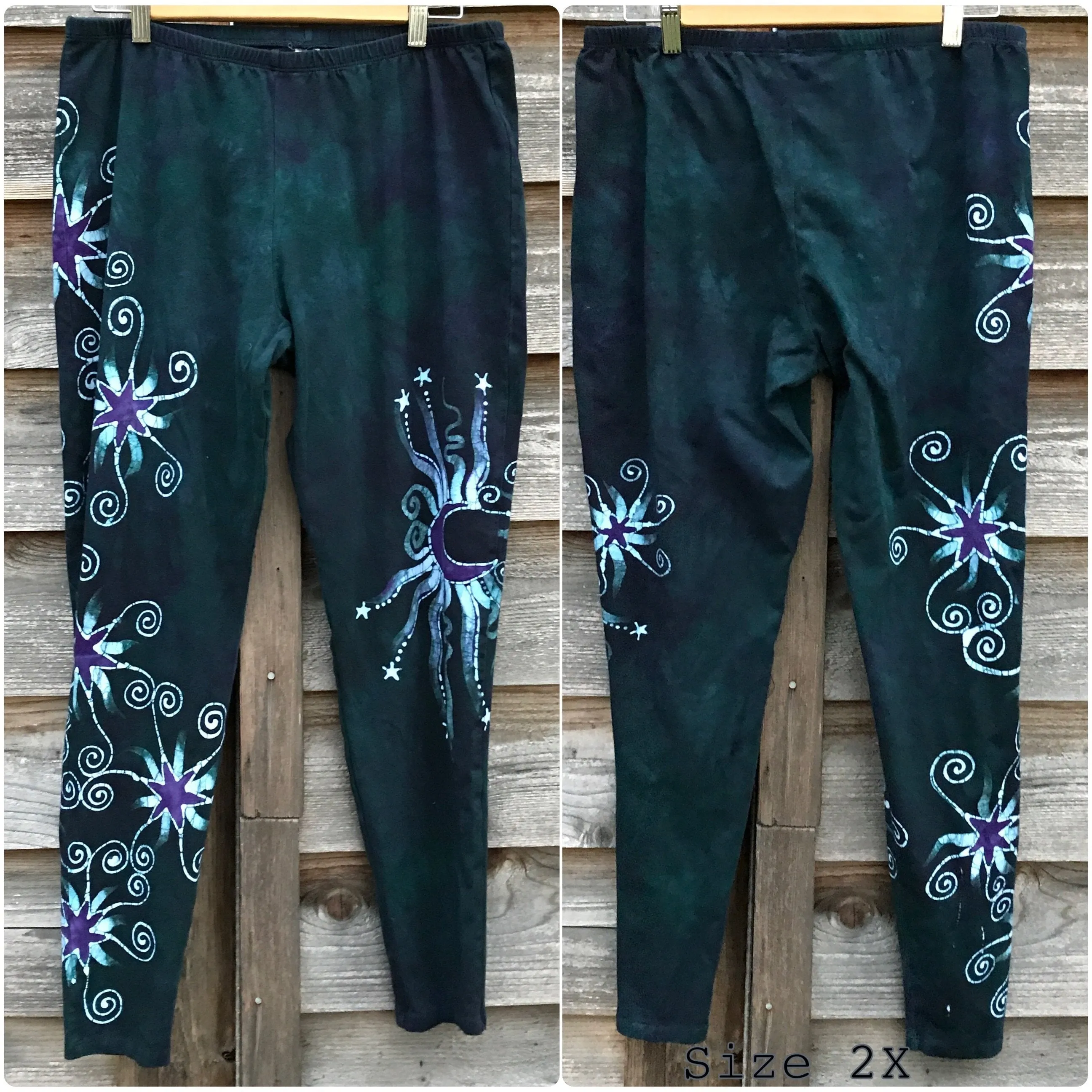 Imperfection - Dark Teal and Purple Stars Batikwalla Leggings - Size Large