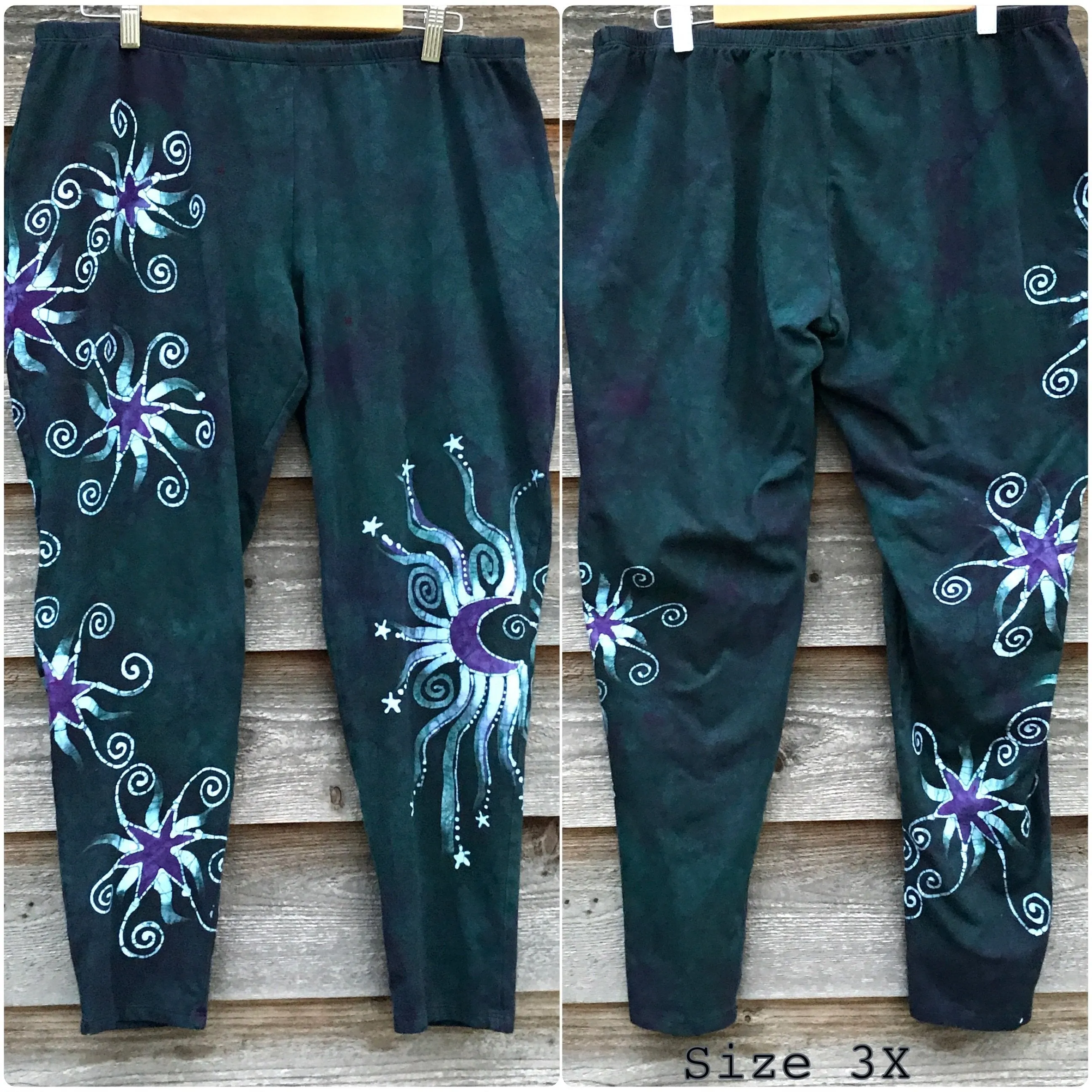 Imperfection - Dark Teal and Purple Stars Batikwalla Leggings - Size Large