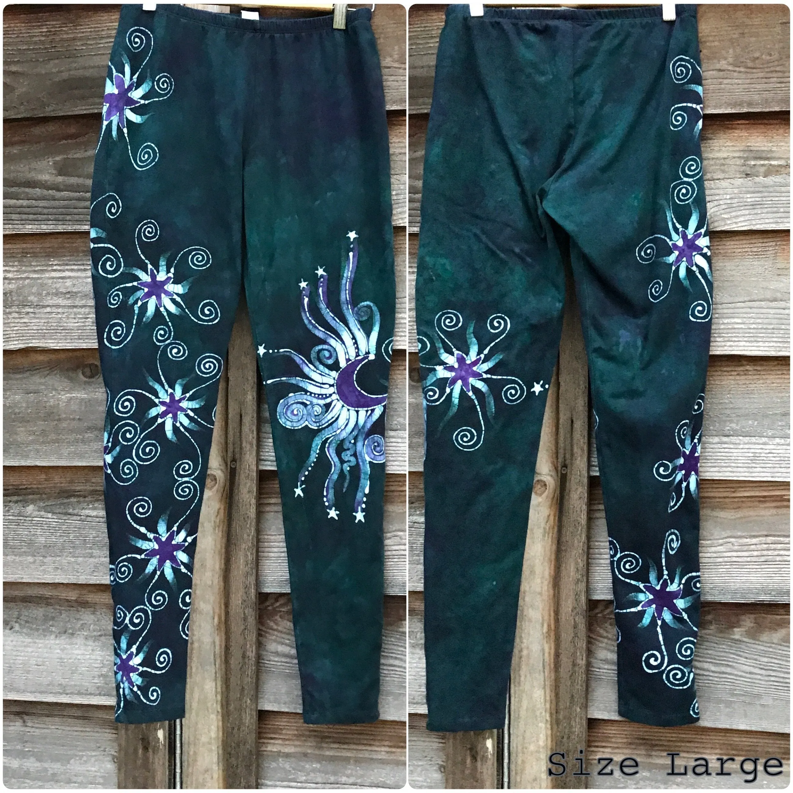 Imperfection - Dark Teal and Purple Stars Batikwalla Leggings - Size Large