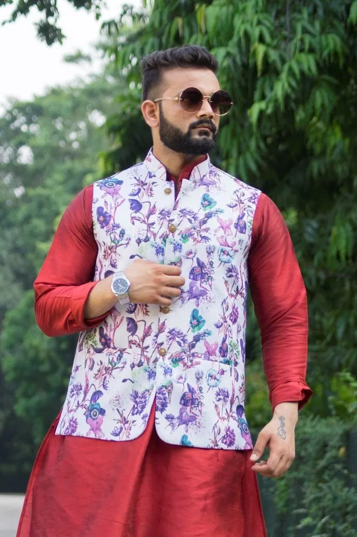 Imported Rayon MulticolouRed Modi Nehru Jacket