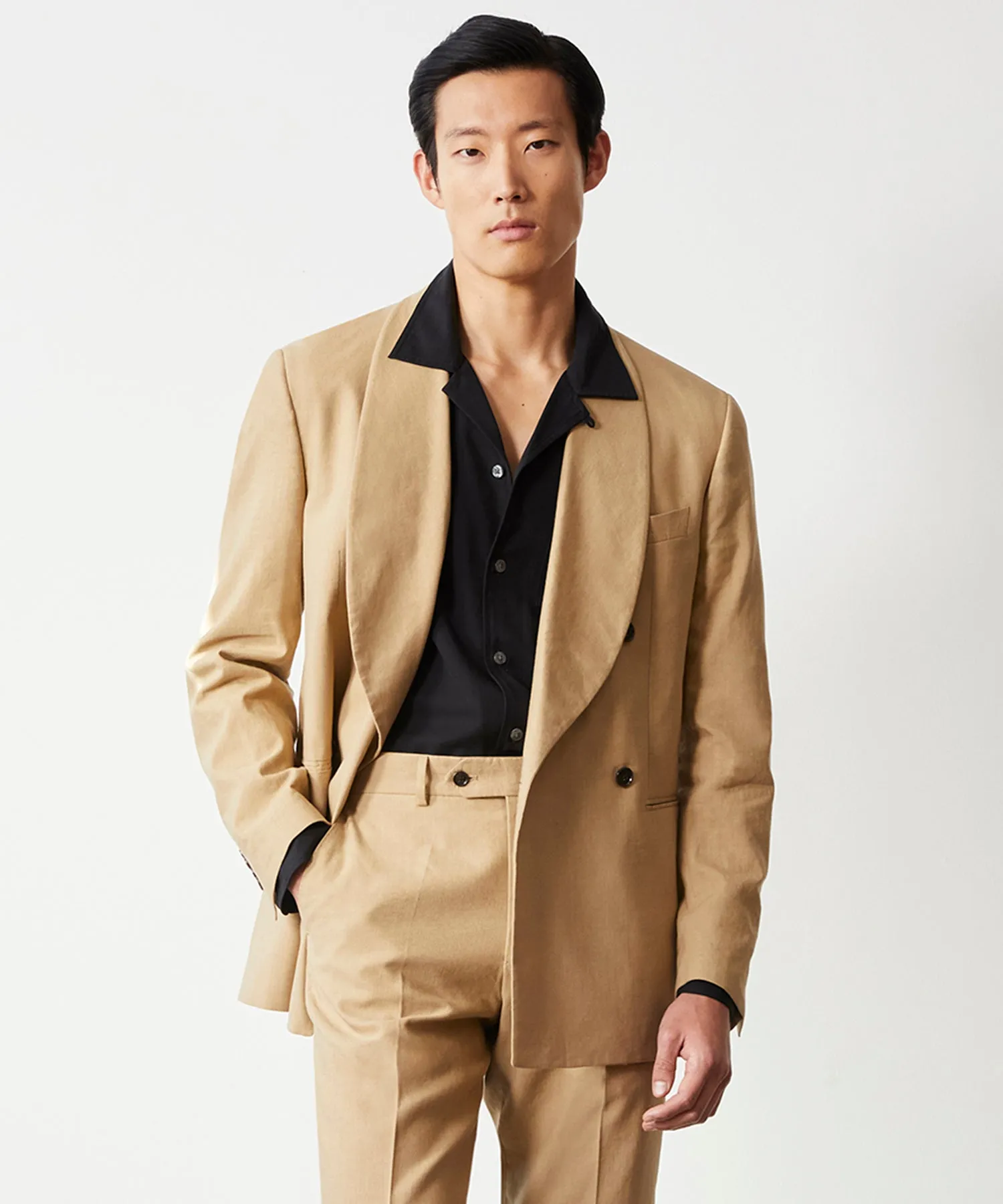 Italian Cotton Silk Double Breasted Shawl Tuxedo Jacket in Sand