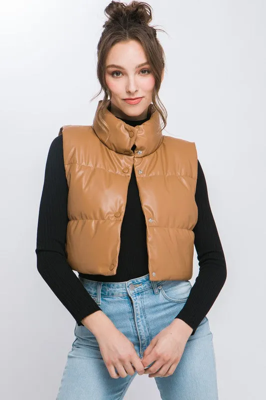 Ivory Faux Leather Sleeveless Puffer Crop Jacket