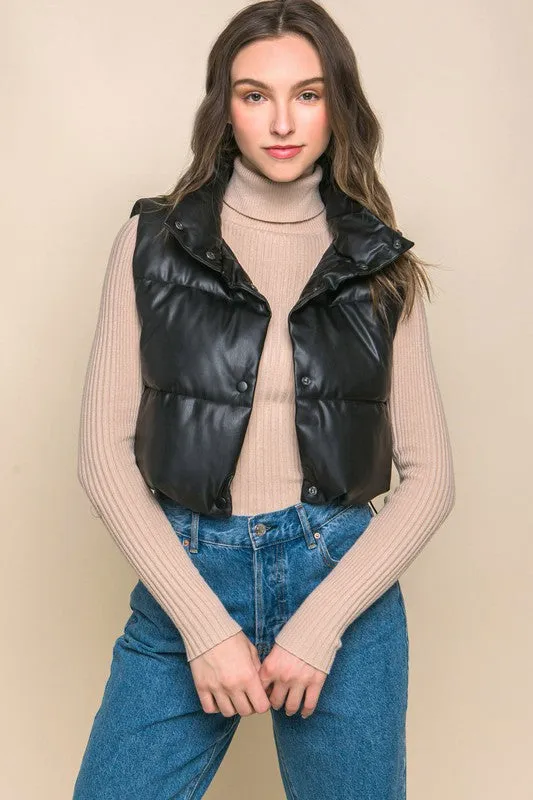 Ivory Faux Leather Sleeveless Puffer Crop Jacket