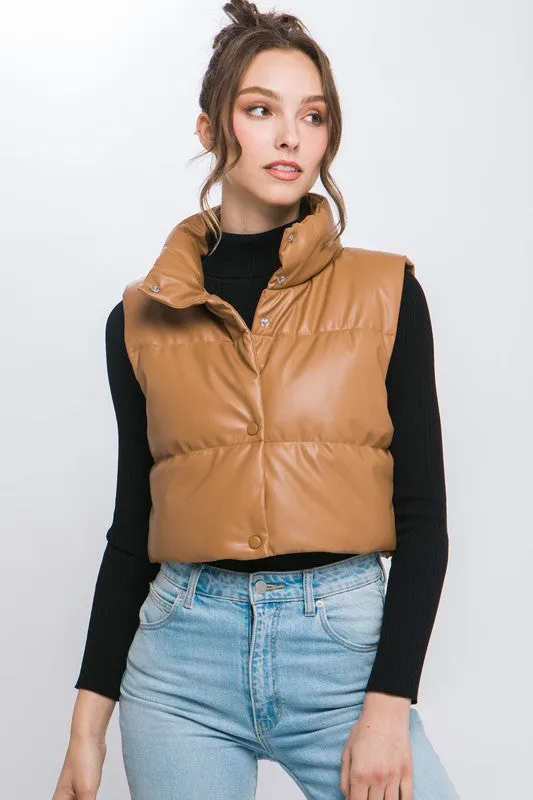 Ivory Faux Leather Sleeveless Puffer Crop Jacket