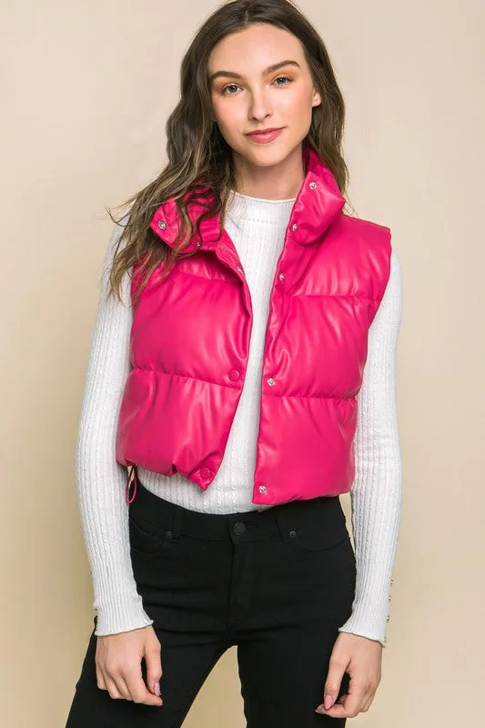 Ivory Faux Leather Sleeveless Puffer Crop Jacket