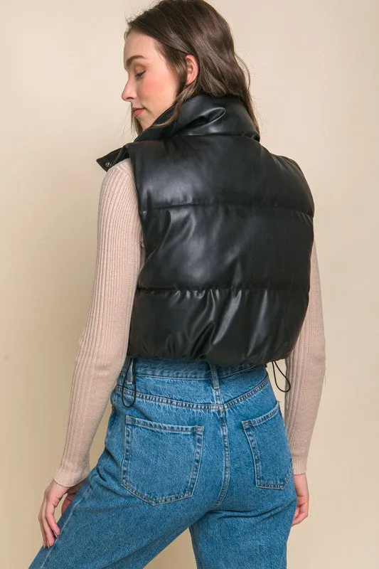 Ivory Faux Leather Sleeveless Puffer Crop Jacket