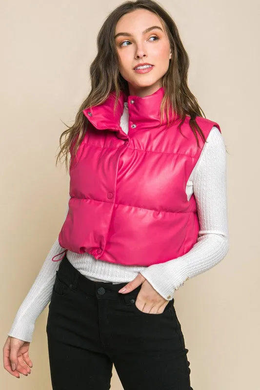 Ivory Faux Leather Sleeveless Puffer Crop Jacket