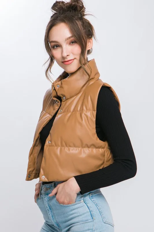 Ivory Faux Leather Sleeveless Puffer Crop Jacket