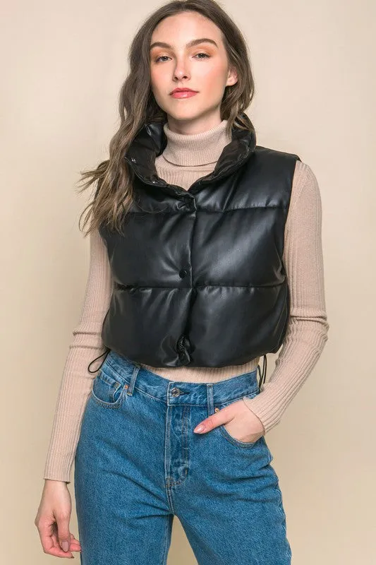 Ivory Faux Leather Sleeveless Puffer Crop Jacket