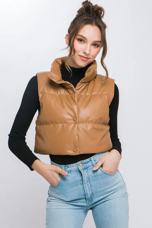 Ivory Faux Leather Sleeveless Puffer Crop Jacket