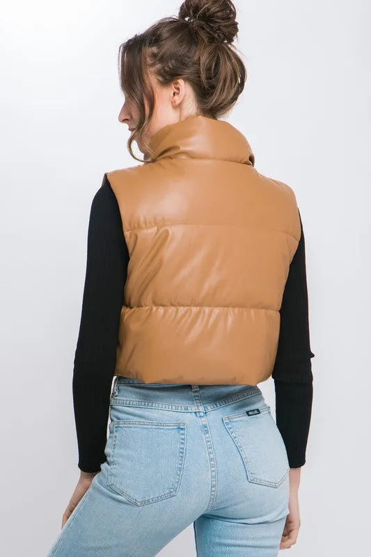 Ivory Faux Leather Sleeveless Puffer Crop Jacket