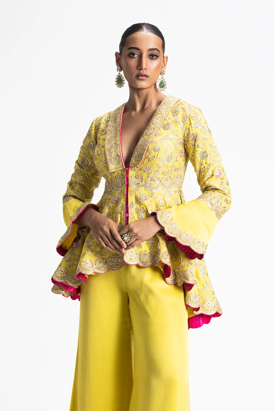 MEHNDI YELLOW JACKET TROUSER SET