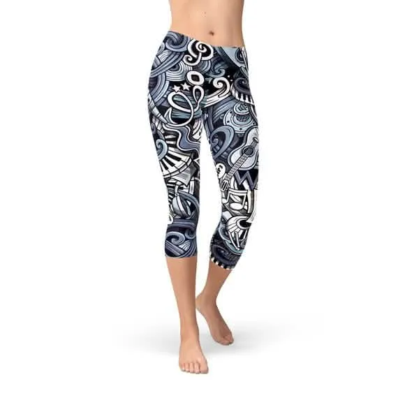 Melodic Vibes Women's Blue Capri Leggings - Trendy Activewear for Every Workout