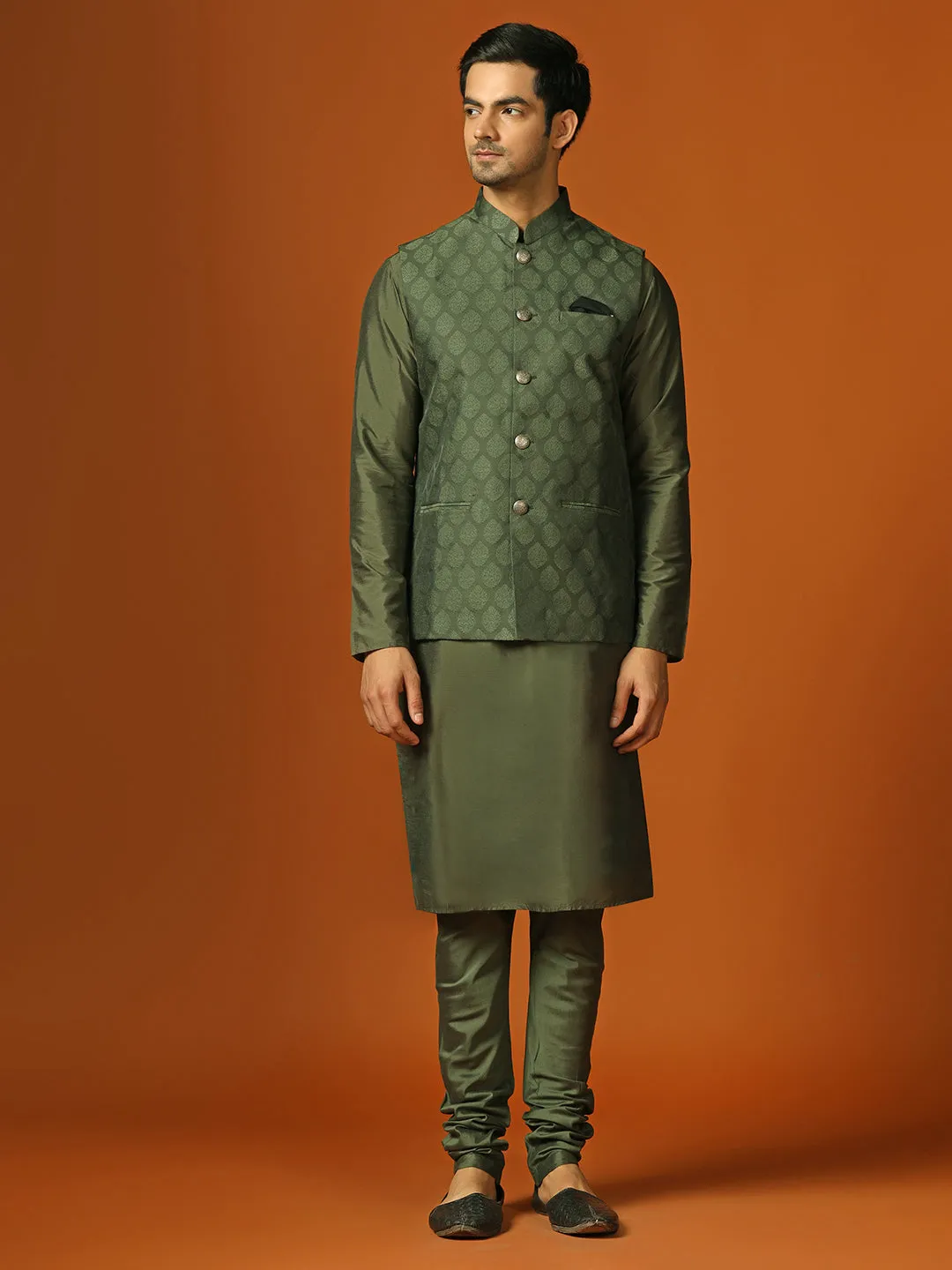 Men Olive Kurta Jacket Churidar Set