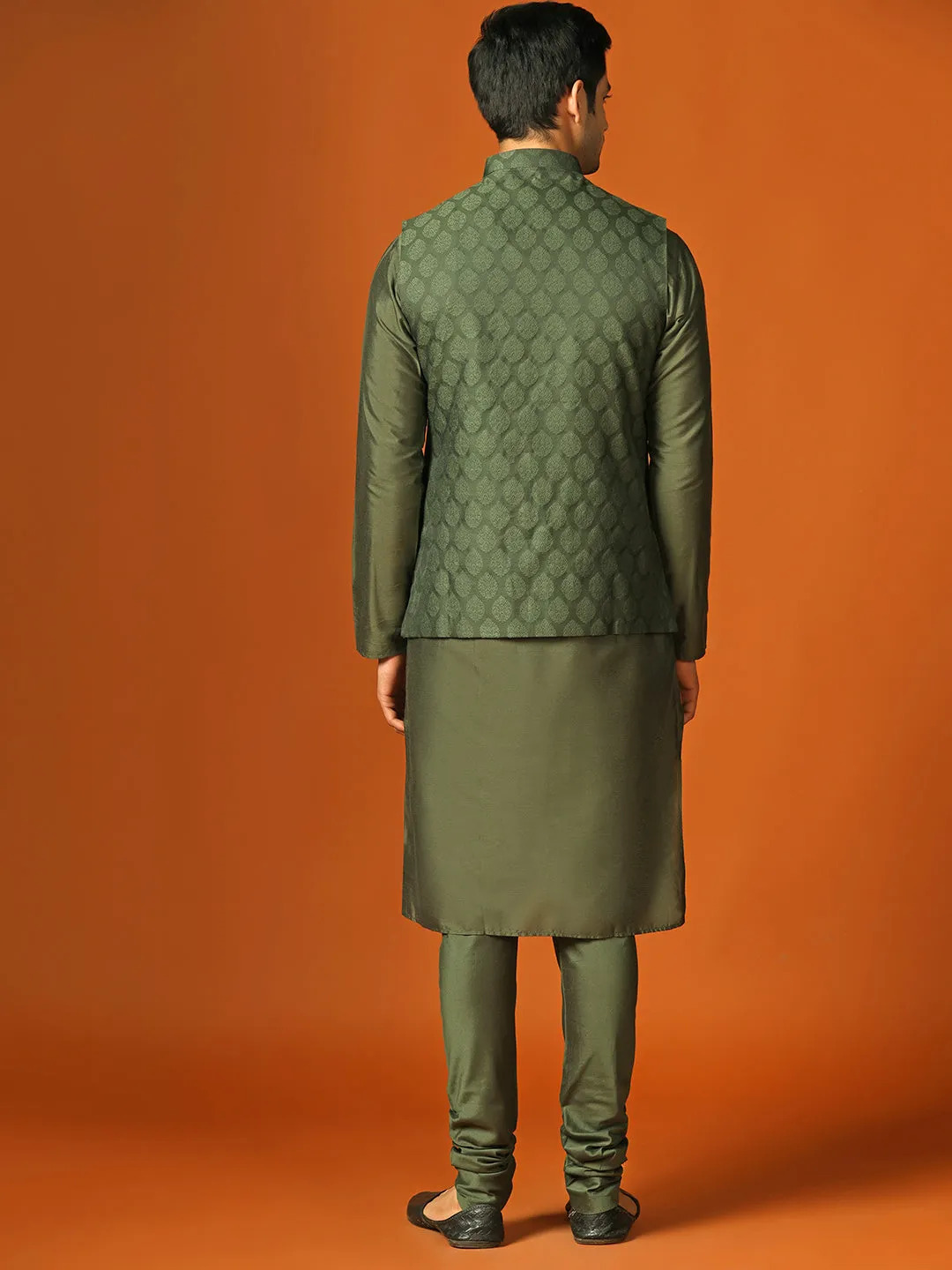 Men Olive Kurta Jacket Churidar Set