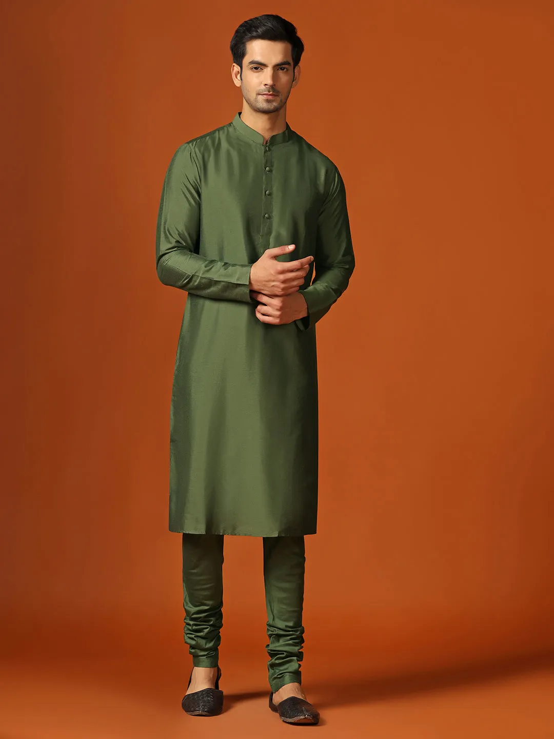 Men Olive Kurta Jacket Churidar Set